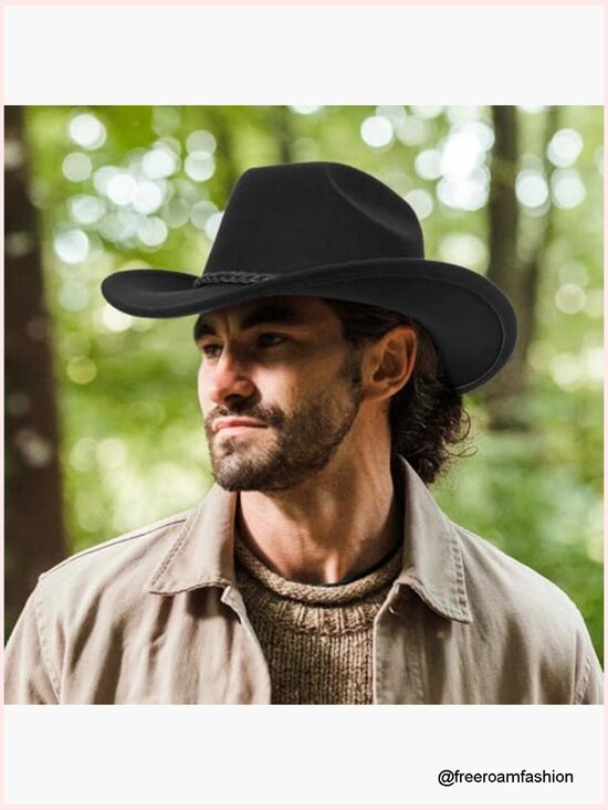 Studded Pinched Cowboy Hat with Belt Buckle Wide Brim Fedora